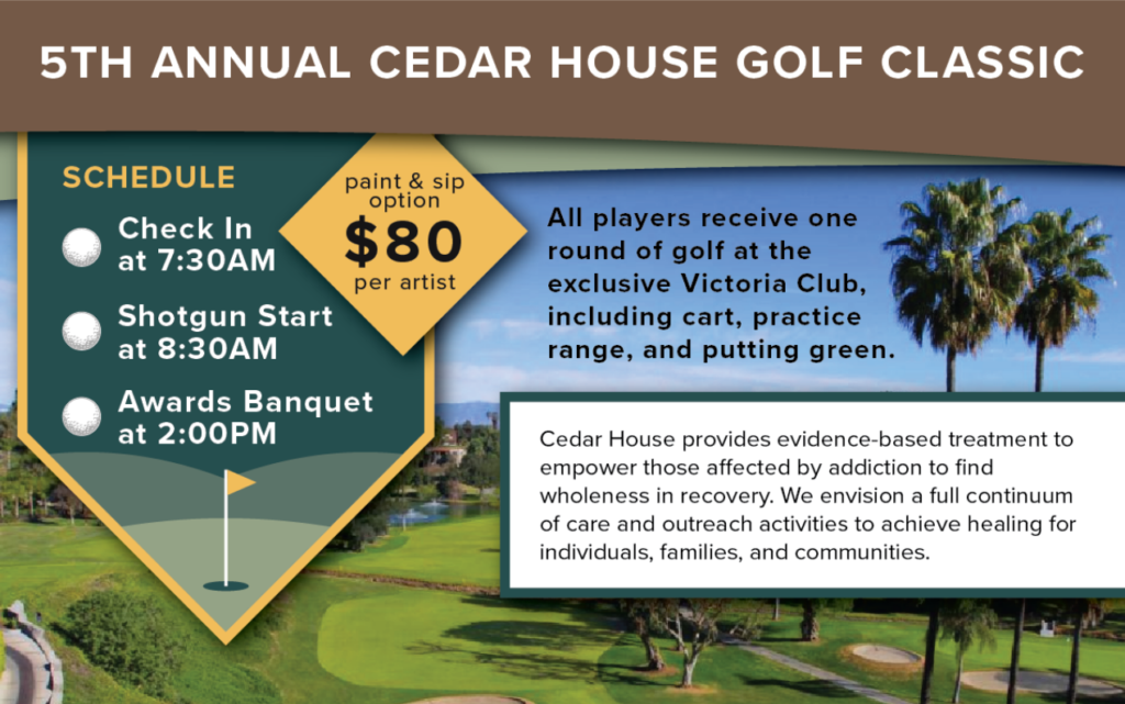5th annual Cedar House Golf Classic graphic with palm tree background image. Shows schedule with check in at 7:30am, shotgun start at 8:30am and awards banquet at 2pm.