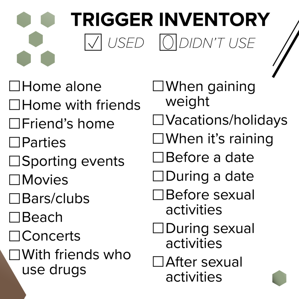 Trigger Inventory with checkboxes for used or didn't use. List includes: home along, home with friends, friend's home, parties, sporting events, movies, bars/clubs, beach, concerts, with friends who use drugs, when gaining weight, vacations/holidays, when it's raining, before a date, during a date, before sexual activities, during sexual activities, after sexual activities