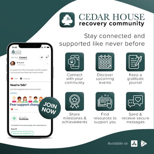 graphic showing how to download the app. search for cedar house recovery community in the app store.